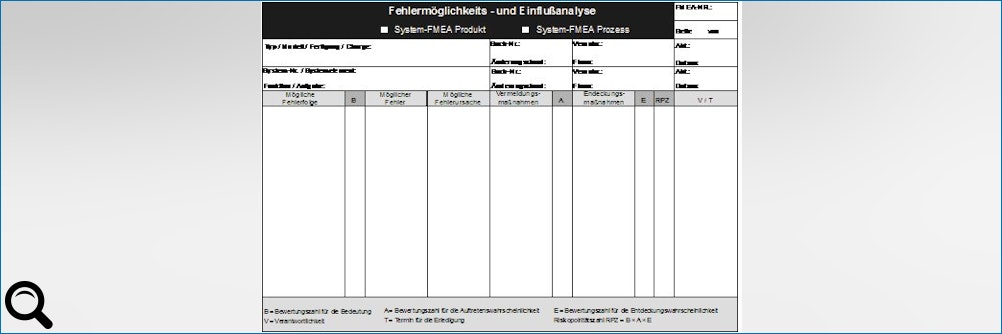 Klick zum vergrößern: Fehlermöglichkeits- und Einflussanalyse (FMEA) Fehlermöglichkeits- und Einflussanalyse (FMEA)